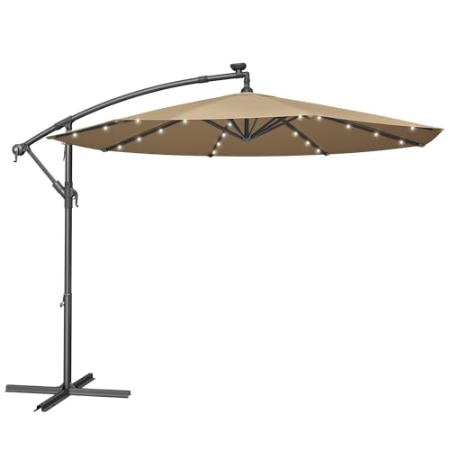 SONGMICS Cantilever Garden Parasol with Solar-Powered LED Lights, 3 m Banana Patio Umbrella with Base, Crank for Opening Closing, Sunshade with Protection UPF 50+, Taupe GPU118K01