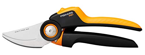 Fiskars Bypass Garden Pruners L, X-series PowerGear, P961, With rolling handle, For fresh branches and twigs, Non-stick coated, Stainless steel blades, Length: 22.2 cm, Black/Orange, 1057175