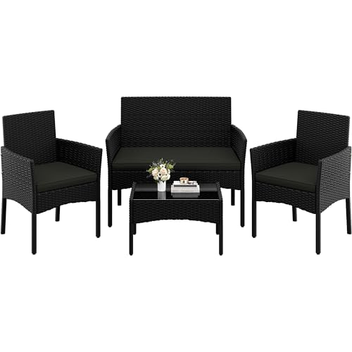 Yaheetech 4 Pieces Outdoor Patio Conversation Set, PE Rattan Wicker Sofa Set with Soft Cushion and Tempered Glass Table for Yard, Poolside, Garden (Black/Gray)