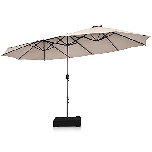 COSTWAY 4.5m Double-Sided Parasol with Base and Crank, Outdoor Twin Extra Large Patio Umbrella, Market Sunshade Shelter Canopy for Garden Patio Beach Yard (Beige)