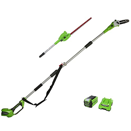 Greenworks Cordless 2-in-1 Pole Saw and Pole Hedge Trimmer with Shoulder Strap, Pole Saw 20cm Bar, Trimmer 51cm Dual Action Blades, WITH 40V Battery and Charger G40PSH