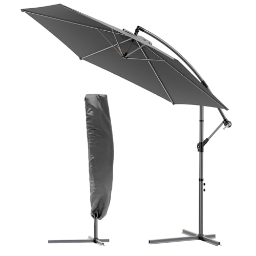 VOUNOT® 3m Cantilever Garden Parasol, Banana Patio Umbrella with Crank Handle and Tilt for Outdoor Sun Shade, Grey