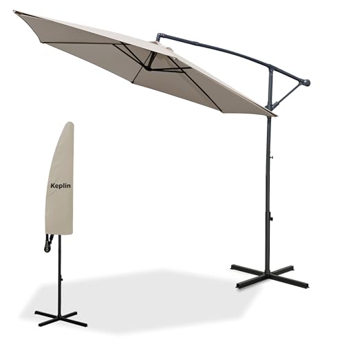 KEPLIN 3M Cantilever Garden Parasol, Garden Umbrella with Crank Handle & Cover, UV Protection, Water-Repellent Polyester, Powder-Coated Pole, 6 Ribs Garden Parasol and Base, Sturdy Cross Base, Cream