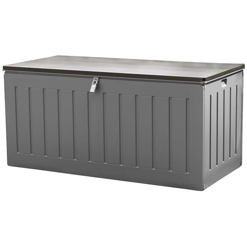 Olsen & Smith 830L Large Garden Storage Box - Weatherproof Heavy Duty Garden Tool Box with Padlock and Wood Effect - Massive Capacity Outdoor Storage Shed for Bins, Tools, and Cushions (Anthracite)