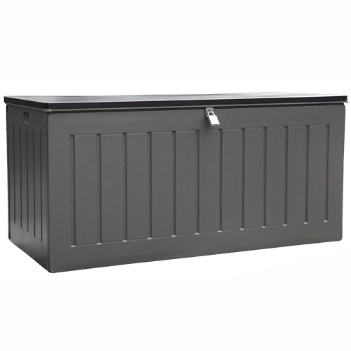 Olsen & Smith 830L MASSIVE Capacity Outdoor Garden Storage Box With Padlock Plastic Shed - Weatherproof & Sit On with Wood Effect Chest (830 Litre, Anthracite)