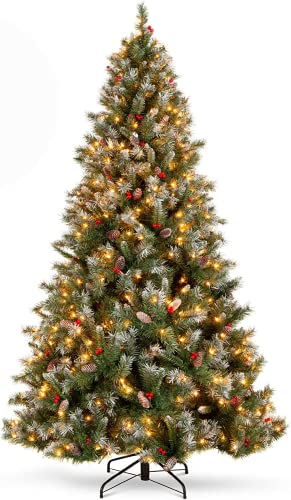 Asinse Artificial Christmas Tree Pre Lit Xmas Tree 450 LED Luxury Hinged Tree 1200 Tips with 70 Berries and 70 Pine Cones, Home Holiday Party Decorations (7FT/210CM)