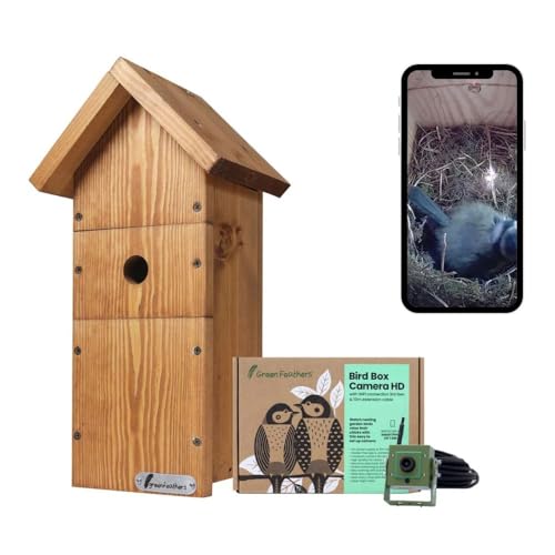 Green Feathers WiFi Birdbox Camera & Bird Box, 1080p HD Smart Camera with Recording and Night Vision, Garden Wildlife Camera for Bird Watching, Wildlife Viewing on Phone, Tablet and TV- Starter Pack
