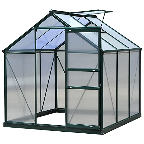 Outsunny 6 x 6ft Polycarbonate Greenhouse, Large Walk-In Green House with Slide Door and Window, Garden Plants Grow House with Aluminium Frame and Foundation