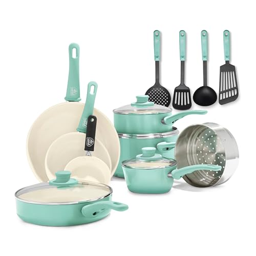 GreenLife Soft Grip Healthy Ceramic Nonstick 16 Piece Kitchen Cookware Pots and Pans Set, Includes Frying Pan Skillets Sauce and Casserole, PFAS-Free, Oven Safe, Turquoise