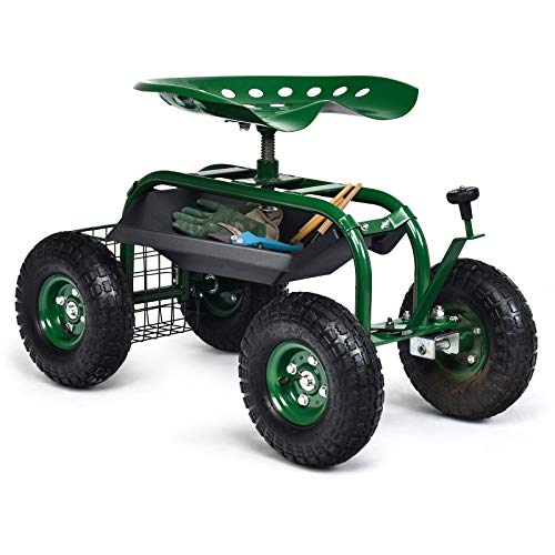 TANGZON Rolling Garden Cart with Storage Basket, Adjustable Seat & 4 Rubber Wheels, Garden Stool Trolley, Heavy-duty Rolling Workseat Scooter for Planting, Green (with built-in steering rod)