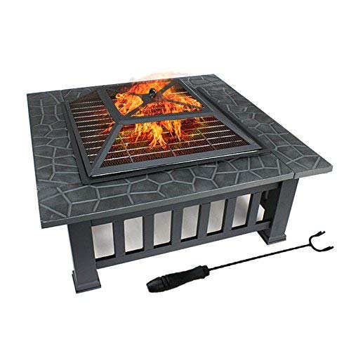 DAWOO Fire Pit with BBQ Grill Shelf,Barbecue Brazier,Table Brazier Garden Patio Heater/BBQ/Ice Pit with Waterproof Cover (3 in 1Fire Pit Table & Grill) (square)