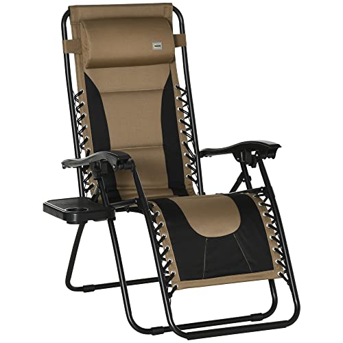 Outsunny Zero Gravity Chair, Folding Recliner, Patio Sun Lounger with Cup Holder, Adjustable Backrest, Padded Pillow for Outdoor, Patio, Deck, Poolside, Coffee
