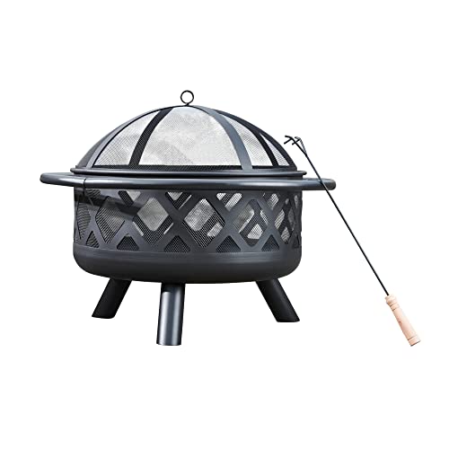 Teamson Home Large Outdoor Garden Round Wood Burning Fire Pit, Outdoor Furniture Chimenea, Firepit Heater, Metal Log Burner Fire Bowl with Lid & Poker