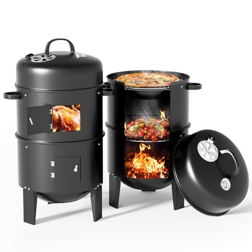 Warmiehomy Round Smoker BBQ Charcoal Barbecues with Temperature Gauge BBQ Charcoal Grill 2 Tier Outdoor for Party Camping, Black(40×40×80cm)