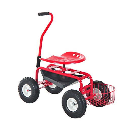 Outsunny Adjustable Rolling Garden Cart Outdoor Gardening Planting Station Trolley Swivel Gardener Work Seat Heavy Duty With Tool Tray & Basket Red 150kg