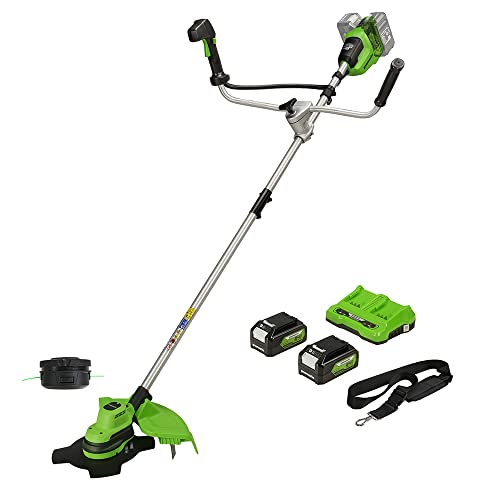 Greenworks GD24X2BCBK4x Cordless Brushcutter with Brushless Motor, Harness, Bike Handle, 38cm Cutting Width, Bump Feed 2mm Nylon Line, 25cm Blade, Two of 24V 4Ah Batteries & Charger