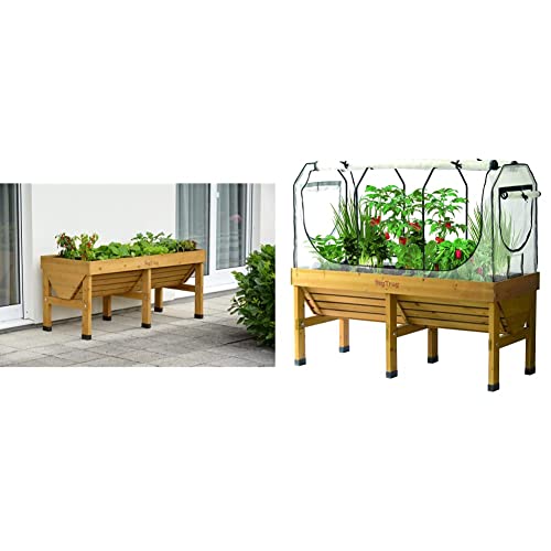 VegTrug VTNMD 0367 USA , Medium Raised Bed Planter, Natural & Medium Greenhouse Frame & Multi Cover Set, White