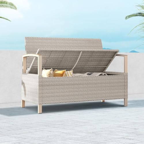 Grand patio Garden Storage Bench With 270L Capacity, 2 Seater Outdoor Bench with Cushion, Weather Resistant Wicker, Storage Box Patio Seating for Outdoor, Indoor