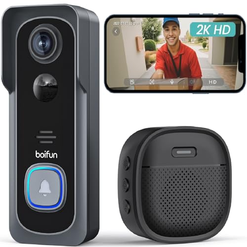 BOIFUN Wireless 2K Video Doorbell Camera, No Subscription, Motion Detection, Two-way Talk, Clear Night Vision, 6700mAh Rechargable Battery, Work with Alexa, Support SD Card & Cloud Storage