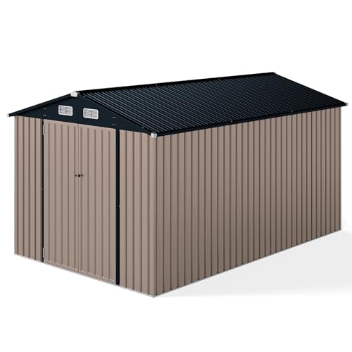 COSTWAY 12x8FT/12x12FT/14x10FT Metal Garden Shed, Galvanized Outdoor Storage Shed with Lockable Doors, 4 Air Vents & Sloping Roof, Weatherproof Tool Storage House (Dark Grey + Light Grey, 12x8FT)