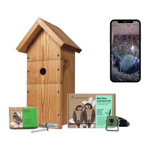 Green Feathers WiFi Birdbox Camera & Bird Box, 1080p HD Smart Camera with Recording and Night Vision, Garden Wildlife Camera for Bird Watching, Wildlife Viewing on Phone - Starter Pack