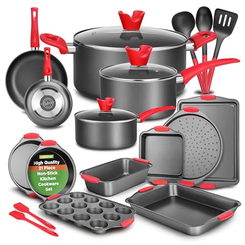NutriChef 21-Piece Nonstick Cookware Set - PTFE/PFOA/PFOS Free Heat Resistant Lacquer Kitchen Ware Pots Pan w/Cool-Touch Handles, Saucepan, Fry Pans, Lid, Bakeware, for Gas Electric Ceramic Cooktops