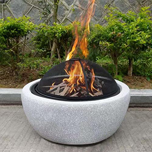 GardenCo Grey MgO Round Fire Pit - BBQ - Includes COVER - Outdoor Firepit BBQ for Garden and Patio - Wood Burner - with BBQ Grate, Spark Guard