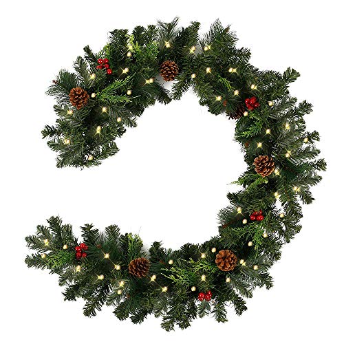 1.8M Pre-Lit Decorated Garland with Lights Christmas Garlands Decorations for Stairs Fireplaces Artificial Wreath Garland with Cones, Red Berries and Illuminated with 30 Clear Lights (30 LEDS)