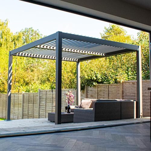 BPS Deluxe Full Aluminium Pergola | 3x3m Aluminium Pergola with Dual Zone Roof | Louvered Roof | Garden Canopy | Sun Shade | Anthracite Grey