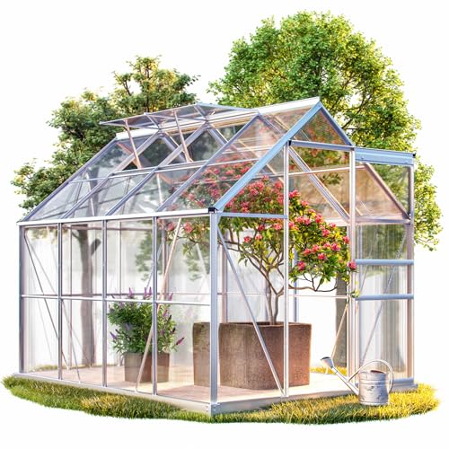 GARDEBRUK® 6 x 8ft 'Sunlight' Polycarbonate Greenhouse | Large Walk Green House with Slide Door and 2 Windows | Garden Plants Grow Nursery with Aluminium Frame