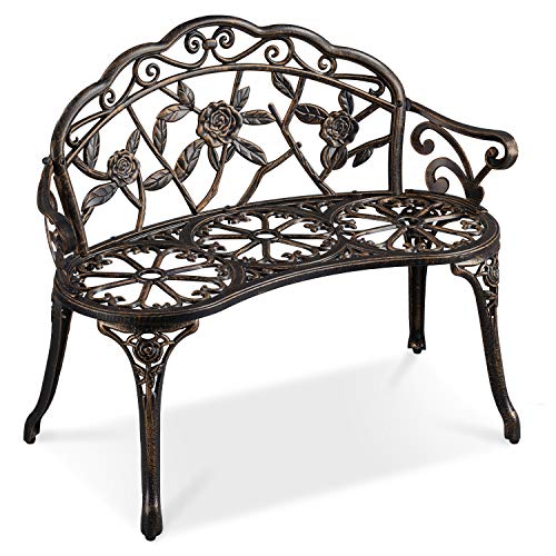 Yaheetech Garden Bench Outdoor Loveseat Metal Bench Outdoor Patio Furniture Seat with Rose Design, for Porch/Lawn/Yard, Bronze