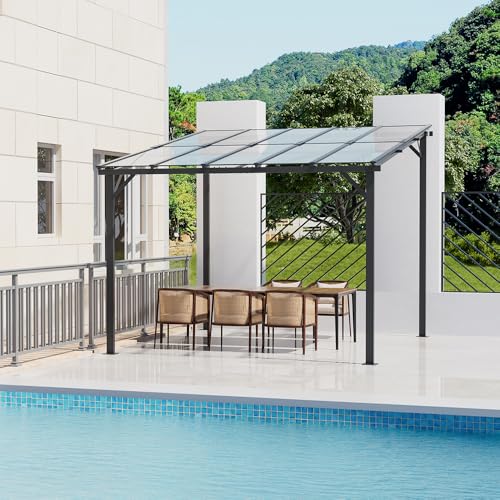 Waimiehomy 3M*3M Wall-Mounted Garden Pergola, Aluminium Awning Gazebo, Heavy Duty Metal Lean To Pergola With UV Sun Shade Shelter Roof, Outdoor Patio Gazebo Awning For Backyard, Deck