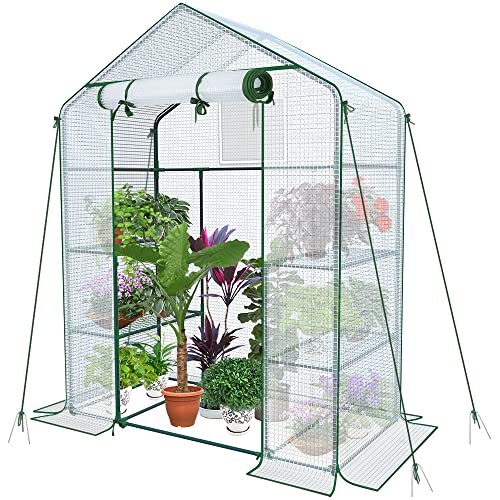 VOUNOT Walk In Greenhouse with Shelves, Roll up Zip Panel Door Garden Plastic Polytunnels Grow House for Outdoor Use, White 143x73x195cm