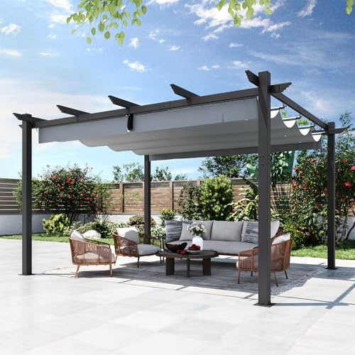 EROMMY 3x4m Metal Pergola with Retractable Roof, Aluminum Garden Pergola with Adjustable Sun Shade Canpoy for Patios, Grape Trellis Gazebo for Party BBQ,Dark Gray