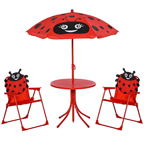 Outsunny Kids Outdoor Bistro Table and Chair Set Ladybird Pattern Garden Patio Backyard with Removable & Height Adjustable Parasol