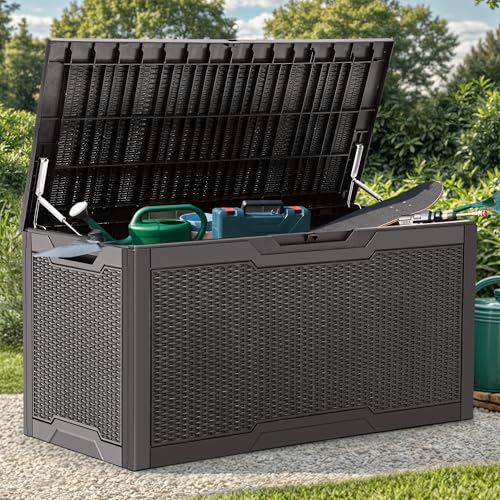 YITAHOME Garden Storage Box Waterproof, 380L Large Outdoor Storage Box with Lid, Lockable Patio Deck Boxes with Handles for Garden Tools Cushion Pillows Pool Supplies,120 x 53 x 63cm, Dark Brown