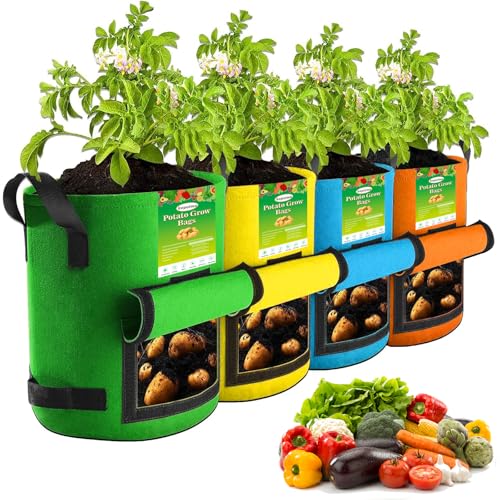 kopotma 4Packs Colorful Potato Grow Bags, 7 Gallon Large Heavy Duty Potato Bags for Growing Potatoes, Muticolor, Non-woven Fabrics