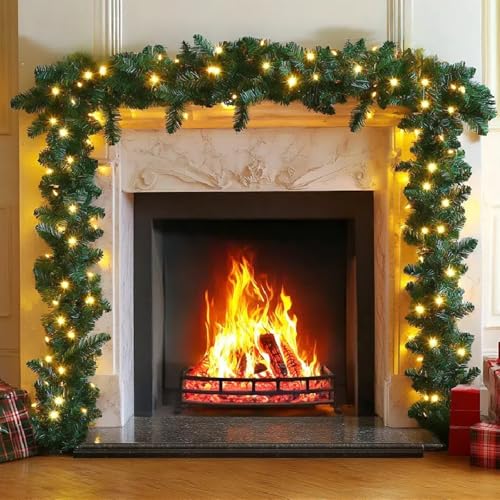 16.4FT/5M Christmas Garland, Christmas Garland with Lights, 100 LEDs Light Up Christmas Decorations Wreath Artificial Greeny Christmas Garland for Fireplace Stair Front Door Xmas Tree Decor