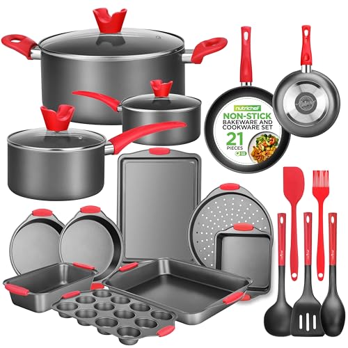 NutriChef 21-Piece Nonstick Pot and Pan Set, Kitchen Cookware, Frying Pans, Saucepans, Cooking Pots set w/ Lids, Loaf & Muffin Pans, Pizza Crisper, Cookie Sheet, and Silicone Utensils