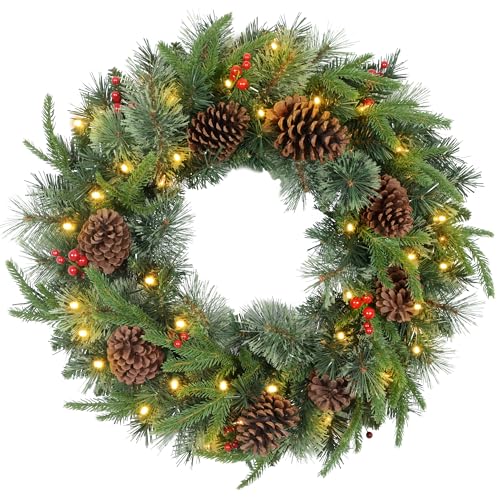 HOMCOM 60cm Pre-Lit Christmas Wreath for Front Door with LED Lights, Pine Cones and Red Berries, Winter Wreath for Windows, Wall Decoration, Green