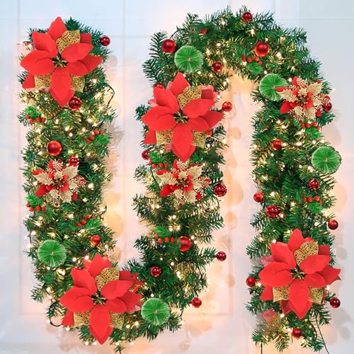 Pre-Lit Artificial Christmas Garland, Green, Warm Lights, Decorated with Red Flowers, Balls, Berries, Snowy Pine for Home Stairs Fireplace Front, Christmas Decorations, 9 Ft