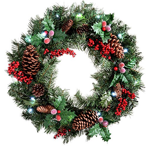 WeRChristmas Natural Pine Cone and Berry Decorated Pre-Lit Wreath Christmas Decoration Illuminated with 20 Cool White LED Lights, 60 cm - Red