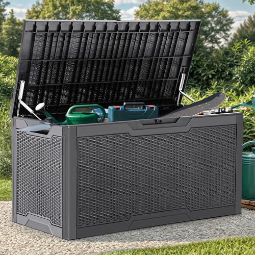 YITAHOME Outdoor Storage Box Waterproof, Heavy Duty 380L Large Resin Deck Boxes,Weather Resistant Durable Garden Storage Box, Outdoor Cushions, Lockable, Garden Storage Containers,Dark Grey