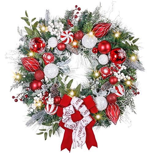Valery Madelyn 30 inch Traditional Red White Large Lighted Christmas Wreath for Front Door with Ball Ornaments Berries, Battery Operated 40 LED Lights, Holiday Decoration for Fireplace Xmas Decor