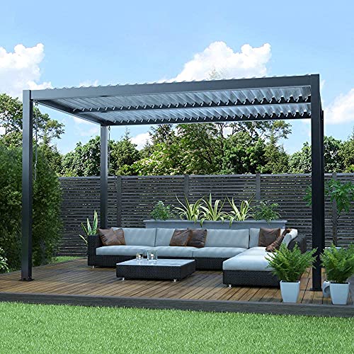 Primrose Deluxe Modern Patio Veranda Pergola Carport Black Charcoal with Louvered Shutter Roof 4m x 3m