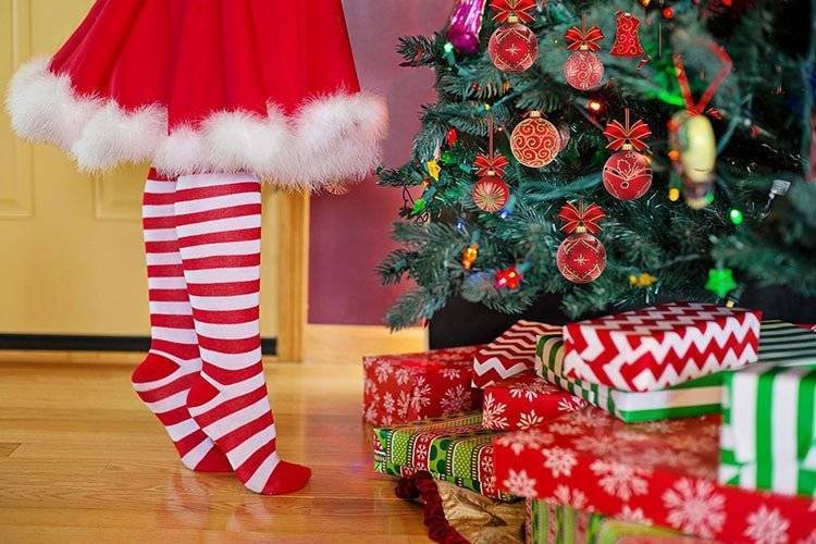 Person in Christmas Dress by an Artificial Christmas Tree