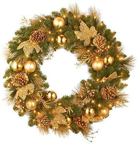 Gold Outdoor Christmas Wreath with Lights