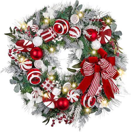 Outdoor Christmas Wreath with Lights - Valery Madelyn - Sweet Candy Red Wreath