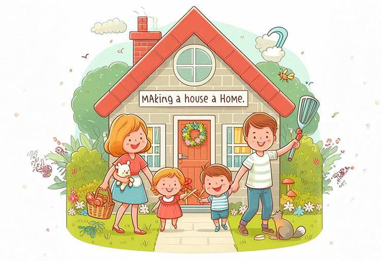 House and Home - Cartoon House and Family. Mum Dad and 2 kids