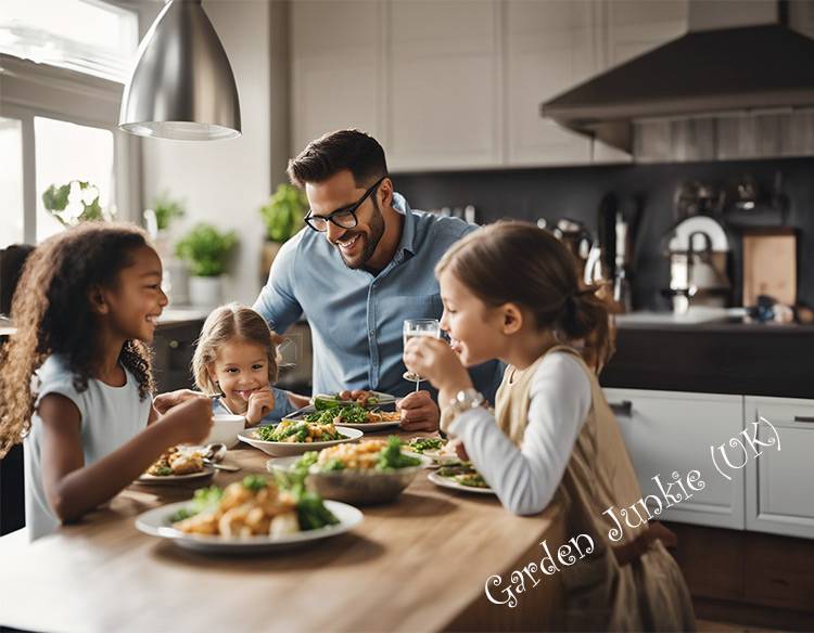 House and Home: Family  of 4 Eating at a Kitchen Table